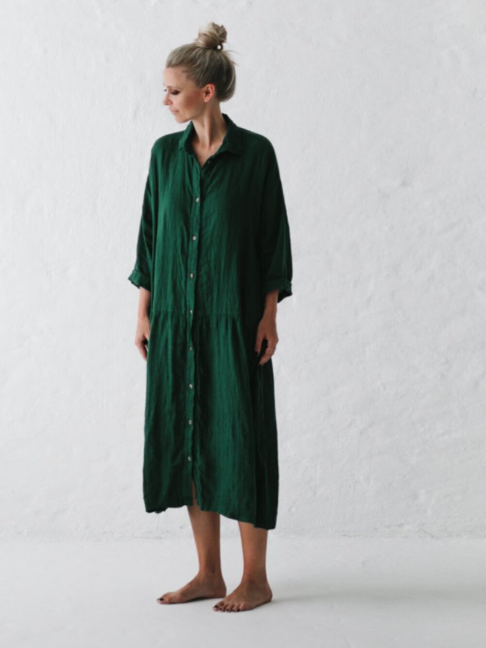 Seaside Tones 100% Baltic Linen Shirt Dress Green O/S Poland Coastal Minimalist